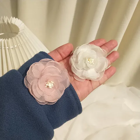 Fermaglio per Capelli a Forma di Fiore di Camelia in Organza a Rete Fatto a Mano per Donna Stile Coreano Elegante Rosa Bianco