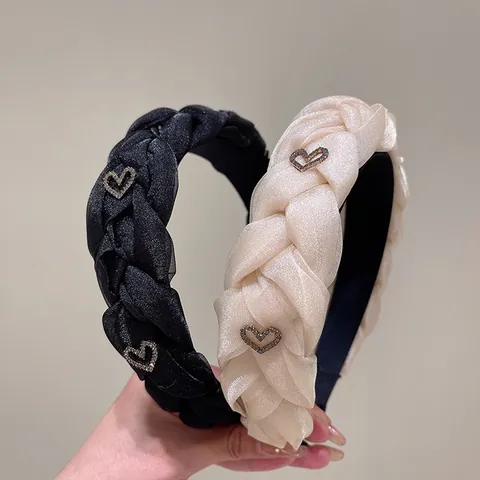 French Style Braided High Top Headband For Women Elegant Organza Fabric Heart Rhinestone Padded Hair Band Vintage Hair Accessory