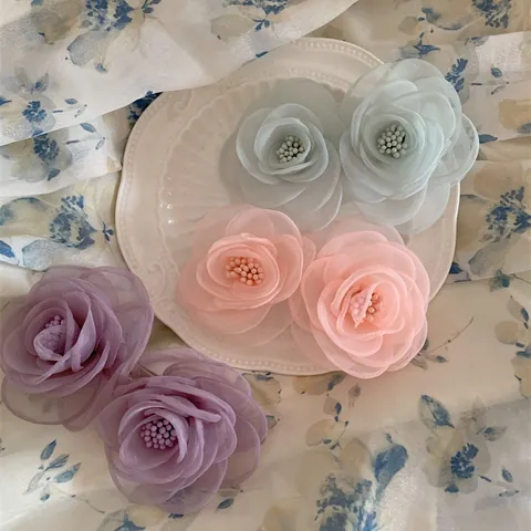 Sweet Camellia Flower Hair Clip Organza Mesh Gauze Double Flower Spring Clip Hair Accessories For Women Girls Pink Blue Purple