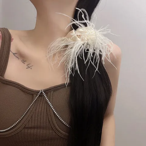 Scrunchie Vintage Elegante con Piume per Donna Elastico per Capelli in Raso con Fiocco Accessori per Capelli Festa