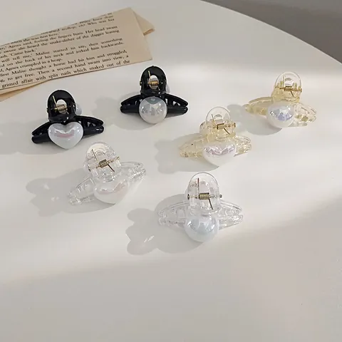 Pequeñas Pinzas para el Cabello Estilo Coreano con Perlas Artificiales de Imitación para Mujer Corazón Redondo Resina Irisada Accesorios de Pelo
