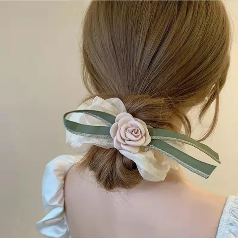 Elegante Coletero Grande de Organza con Flor de Camelia y Lazo de Cinta Coletero Vintage Francés para Mujer