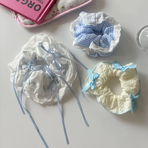 Sweet Lace Bow Scrunchies Ribbon Streamers Large Hair Rings Blue White Striped Fabric Hair Ties For Girls Women Hair Accessories