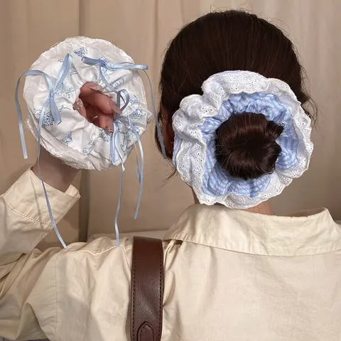 Sweet Lace Bow Scrunchies Ribbon Streamers Large Hair Rings Blue White Striped Fabric Hair Ties For Girls Women Hair Accessories