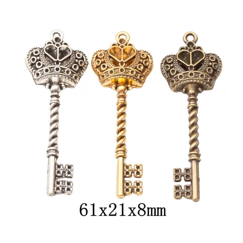 Vintage Alloy Crown Heart Key Pendants Antique Bronze Silver Gold Metal Charms For DIY Jewelry Making Accessories