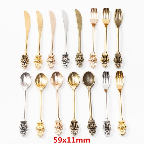 Vintage Zinc Alloy Mini Crown Cutlery Charms For DIY Jewelry Making Antique Gold Silver Bronze Knife Fork Spoon Pendants