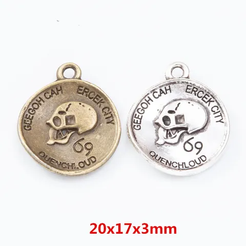 Retro Alloy Skull Head Round Charm Pendant For DIY Jewelry Making Accessories Antique Finish Skull Number Letter Carved
