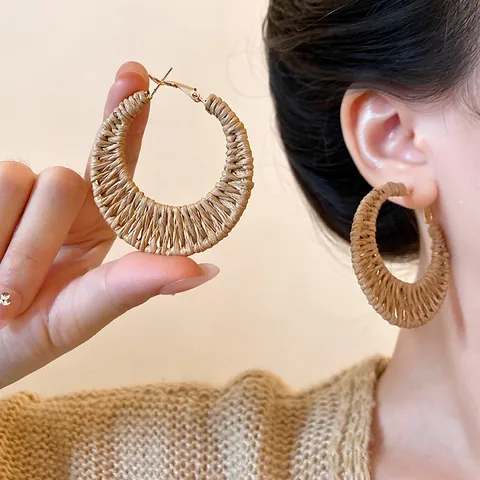 Handmade Rattan Woven Hoop Earrings Bohemian Straw Moon Circle Earrings With 925 Sterling Silver Post For Women Resort Style Jewelry