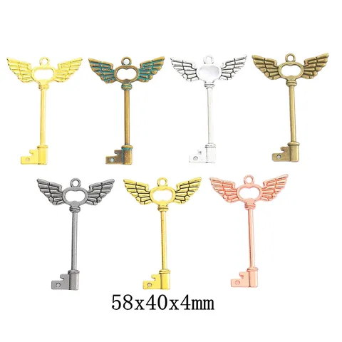 Vintage Alloy Wing Key Pendants For Jewelry Making Heart Shaped Feather Wing Design Electroplated Skeleton Key DIY Charms