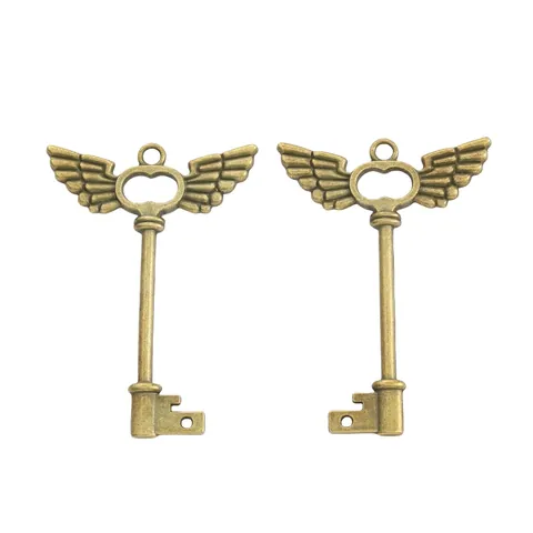 Vintage Alloy Wing Key Pendants For Jewelry Making Heart Shaped Feather Wing Design Electroplated Skeleton Key DIY Charms