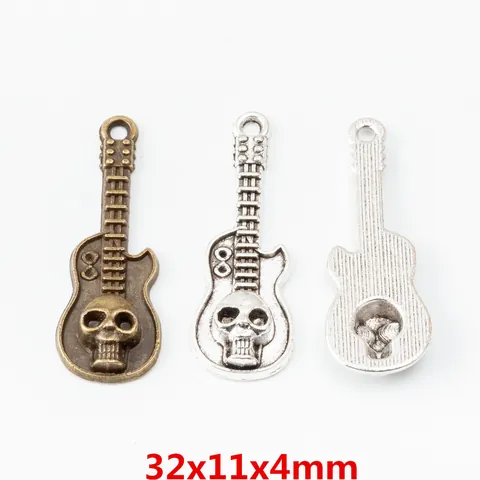 Ciondoli Chitarra Teschio in Lega di Zinco Vintage per Fai da Te Creazione Gioielli Stile Rock Punk Metallo Bronzo Antico Argento