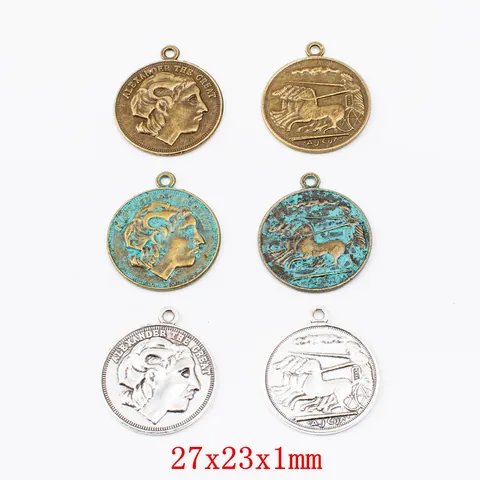 Vintage Alloy Alexander The Great Coin Pendant Double Sided Relief Chariot Pattern DIY Jewelry Making Charm Antique Bronze