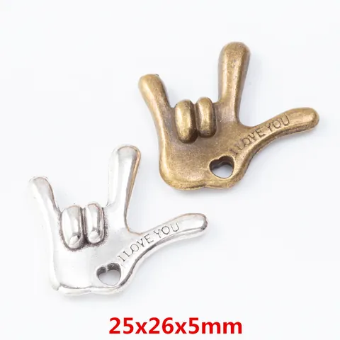 Vintage Alloy I Love You Hand Gesture Pendant Heart Hollow Engraved Charms For DIY Necklace Bracelet Jewelry Making Accessories