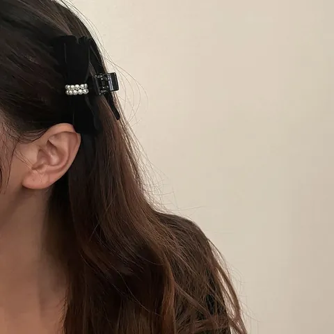 Molletta per Capelli a Fiocco in Velluto Nero Stile Coreano Con Perla Artificial Sintetica Elegante Piccolo Fermaglio per Donna