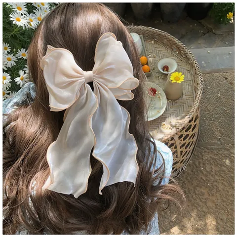 Pinza Para El Pelo Romántica Francesa Con Lazo De Organza Y Cinta Larga Elegante Azul Cielo Albaricoque Para Fiesta Mujer