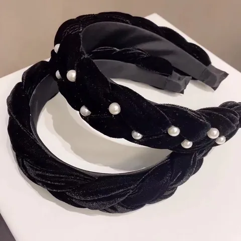 Vintage Black Velvet Braided Headband For Women Elegant High Cranium Top Hair Hoop With Artificial Pearl Hair Accessories