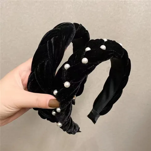 Vintage Black Velvet Braided Headband For Women Elegant High Cranium Top Hair Hoop With Artificial Pearl Hair Accessories