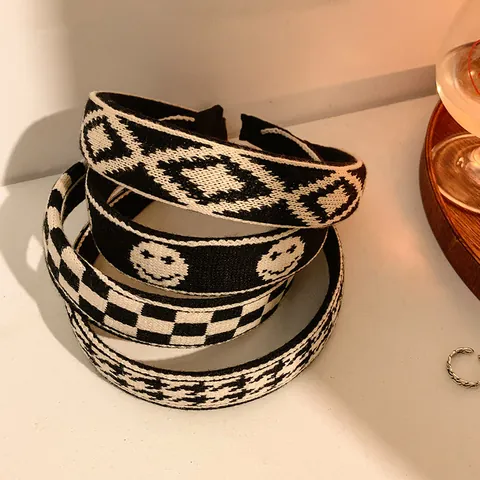 Serre-tête en Maille pour Femmes Motif Damier Pied-de-poule Sourire Rétro Large Accessoires de Coiffure Automne Hiver