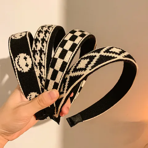 Serre-tête en Maille pour Femmes Motif Damier Pied-de-poule Sourire Rétro Large Accessoires de Coiffure Automne Hiver