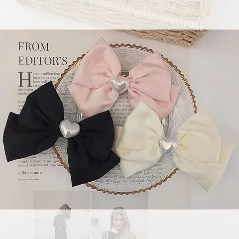 Women Sweet Satin Bowknot Hair Clip With Pearl Heart Vintage Velvet Big Bow Barrette Elegant Headwear Hair Accessories For Girls