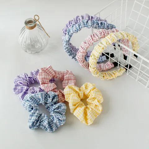 Women Gingham Checkered Fabric Hair Accessory Pleated Headband And Elastic Scrunchie Ponytail Holder Sweet Korean Style