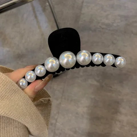Franse Vintage Kunstparel Haarklem Voor Dames Elegante Zwarte Fluwelen Vlokken Haarkaak Met Grote Witte Imitatieparels Haaraccessoires