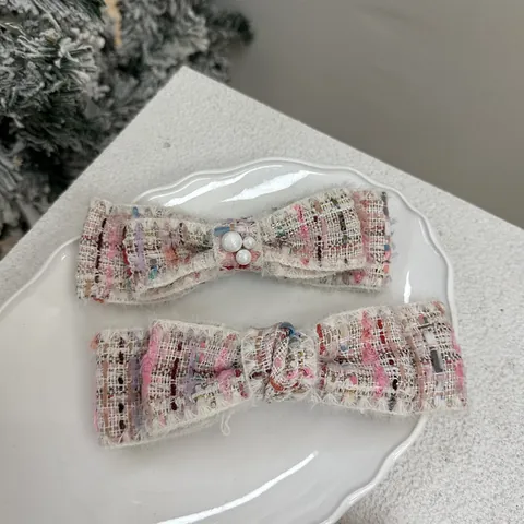 Elegant Pink White Tweed Hair Accessories Set Sweet French Style Bow Hair Clip Scrunchie Plaid Woven Headband For Women