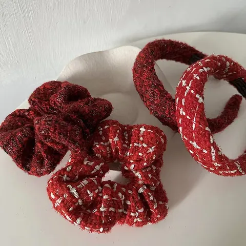 Women Vintage Tweed Plaid Hair Accessories Set Red White Checkered Headband Scrunchie Handmade Autumn Winter Thick Fashion Headwear