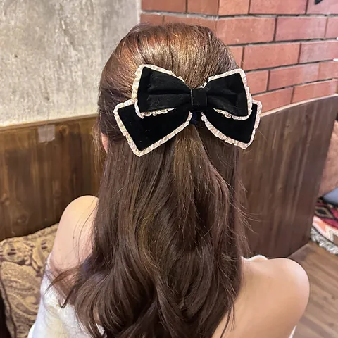 Women Vintage Velvet Double Layer Bow Headband And Hair Clip With Pink Ruffle Edge Handmade Stereoscopic Bow Hair Accessories
