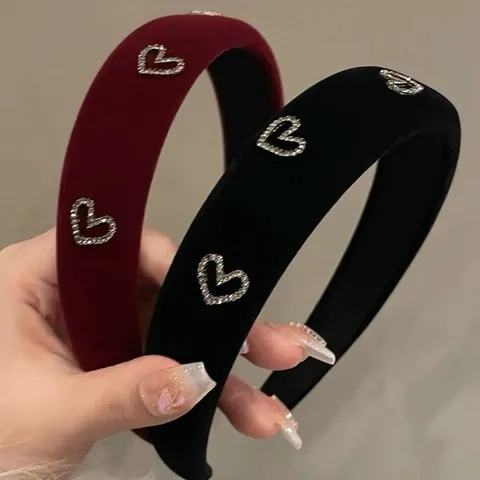 Vintage Velvet Wide Headband With Rhinestone Heart Hollow Decor Thickened Wine Red Black Hairband For Women Elegant Hair Accessories