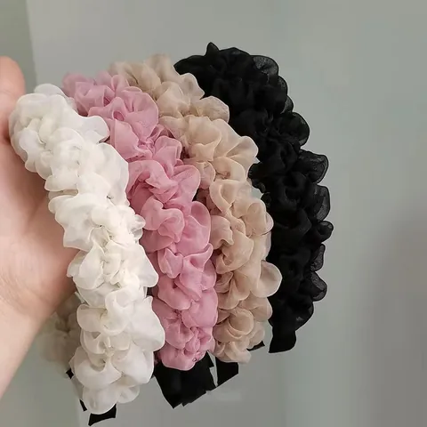 Korean Style Pleated Organza Headband For Women Solid Color Mesh Scrunchie Hair Band Elegant Ruffle Hair Hoop Accessory