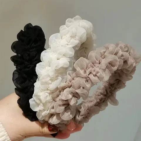 Korean Style Pleated Organza Headband For Women Solid Color Mesh Scrunchie Hair Band Elegant Ruffle Hair Hoop Accessory