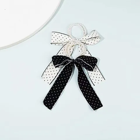 Elegant Polka Dot Bow Artificial Pearl Hair Tie For Women French Style Satin Large Bowknot Scrunchies Chic Artificial Pearl Elastic Hair Band