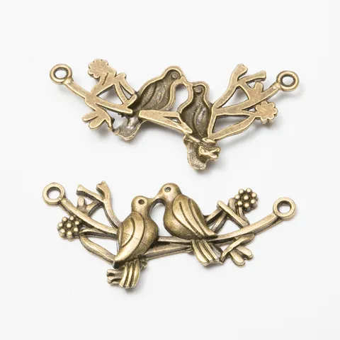 Connecteur de Bijoux en Alliage Vintage Deux Oiseaux sur Branche Pendentif Double Boucle pour la Fabrication de Collier Bracelet DIY Argent Antique Bronze
