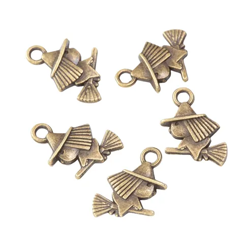 Vintage Zinc Alloy Halloween Witch on Broomstick Pendants For DIY Jewelry Making Necklaces Charms Retro Metal Accessory