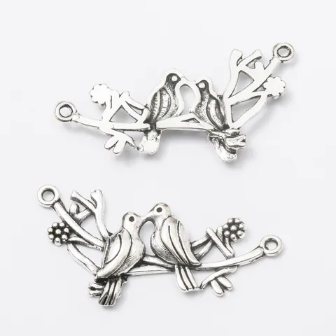 Connecteur de Bijoux en Alliage Vintage Deux Oiseaux sur Branche Pendentif Double Boucle pour la Fabrication de Collier Bracelet DIY Argent Antique Bronze