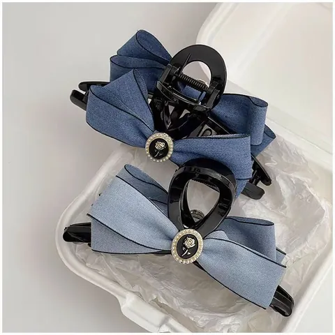 Pinza per Capelli a Fiocco in Denim Grande Clip a Squalo in Resina Vintage Con Rosa e Perla Artificial Sintetica per Donna Ragazze Dolce Accessorio