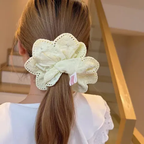 Zoete Opengewerkte Kant Bloemen Scrunchies Voor Vrouwen Imitatieparel Grote Haarelastiekjes Koreaanse Stijl Handgemaakte Sieraden