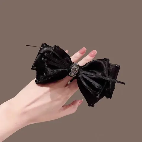 Coletero Elegante de Satén Negro con Lazo Grande y Adornos de Strass Lazo de Tela Grande para Coleta Accesorios para Mujer