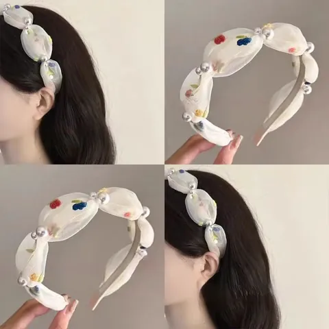 Retro Sweet Embroidered Mesh Artificial Pearl Headband Women Floral Daisy Hair Hoop Wide Tulle Hairband Fashion Commuting Hair Accessories