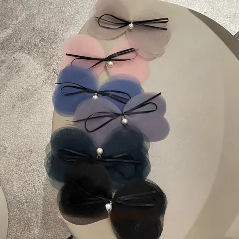 Korean Sweet Multi Layer Mesh Bow Hair Clip With Faux Artificial Pearl Elegant Mesh Ribbon Spring Clip Hair Accessory For Women