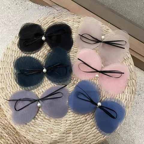 Korean Sweet Multi Layer Mesh Bow Hair Clip With Faux Artificial Pearl Elegant Mesh Ribbon Spring Clip Hair Accessory For Women