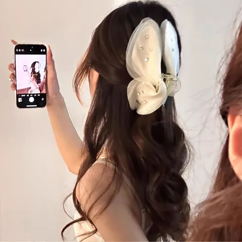 Pince à Cheveux Papillon en Gaze de Style Français Élégant Avec Strass Grande Accessoire de Cheveux en Maille de Tulle pour Femme Fête Décoration Quotidienne
