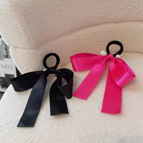 Elegante Satijn Strik Haarband Met Kunstparel Decoratie Vintage Franse Stijl Ponytail Houder Elastische Haarring Voor Vrouwen