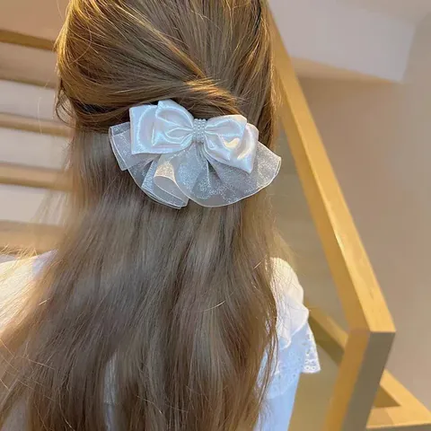Elegante Pinza para el Pelo con Lazo de Doble Capa con Perlas Artificiales de Imitación Satén Organza Resorte Horquilla Dulce Mujer