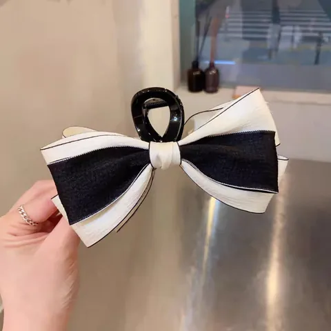 Élégante Grande Pince à Cheveux Nœud Double Couche Pour Femmes Vintage Noir Blanc Contraste Tissu Satin Accessoires Cheveux