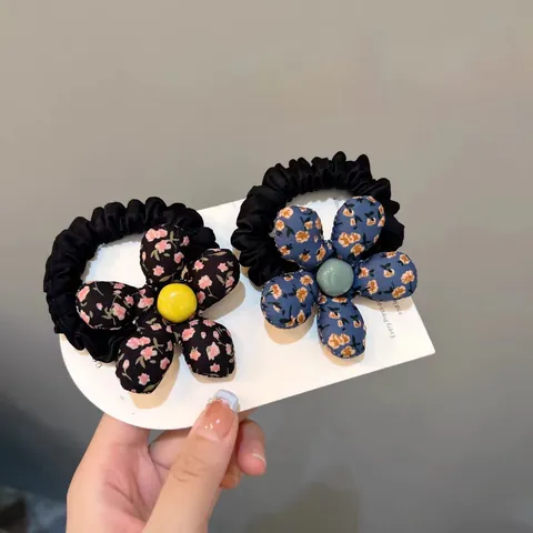 Sweet Floral Fabric Flower Scrunchies Large Flower Hair Ties With Colorful Bead Center For Women Girls Daily Hair Accessories