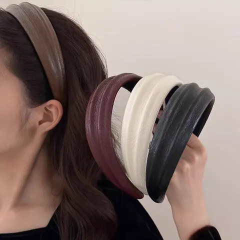 Vintage PU Leather Padded Wide Headband For Women Solid Color Fashion Hair Hoop Commuter Daily Hair Accessories
