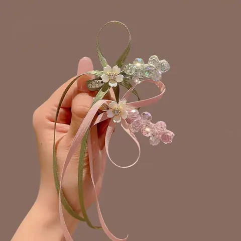 Sweet Satin Ribbon Bow Hair Clip With Crystal Beads And White Flower Alligator Clip Fairy Style Handmade Women Hair Accessories