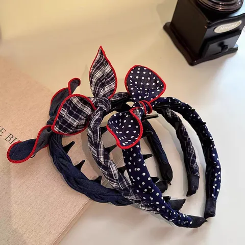 Cerchietto Fiocco Stile Coreano Retrò Motivi Quadretti Pois Denim Tessuto Denti Antiscivolo per Donna Accessorio Capelli